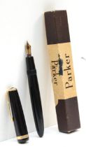 Parker, a black bodied Duofold fountain pen with 14k nib, 15.5cm, boxed.