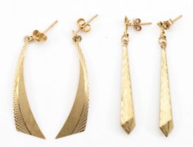 Two pairs of unmarked gold drop earrings, longest 38mm, 2.2gm.