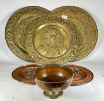 A Victorian silver plate and oak fruit bowl, 32 x 16cm, on spreading circular base, together with