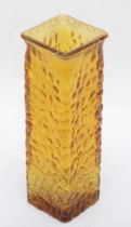 A 20th century Whitefriars style orange textured glass outswept rectangular slab vase, 21cm high