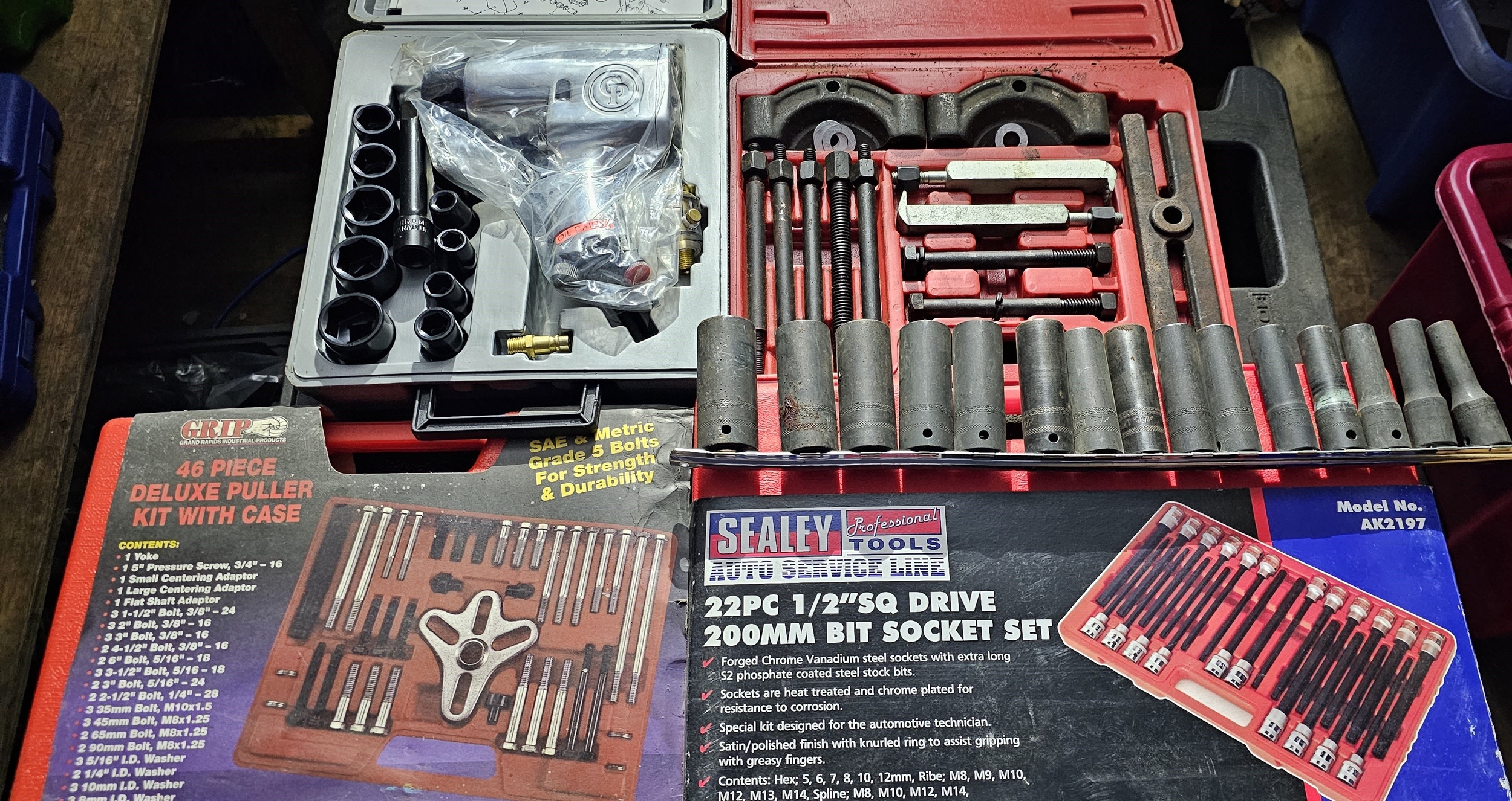 Sealey 22 piece socket set, Grip puller kit, Draper impact wrench, set of sockets, extractor kit