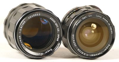 Two camera lens comprising of Asahi Takumar 28mm lens (cased) (working) together with Asahi