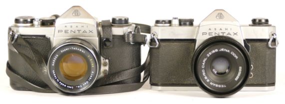Two Pentax Ashahi cameras, one with a Carl Zeiss Jena 2.8/80 lens (mechanically working but not