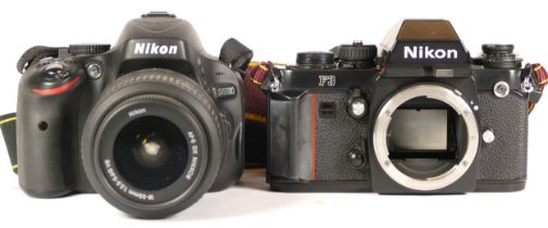 Two cameras comprising of a Nikon D5100 camera with lens (working) together with a Nikon F3