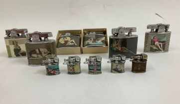 A collection of eleven 1950s Pin Up petrol cigarette lighters, pocket and pigmy sized lift arm