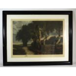 Hena Shiels (20th century); woodland at sunset, coloured etching on paper, pencil signed and framed.