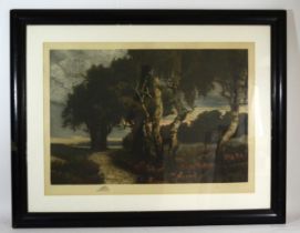 Hena Shiels (20th century); woodland at sunset, coloured etching on paper, pencil signed and framed.