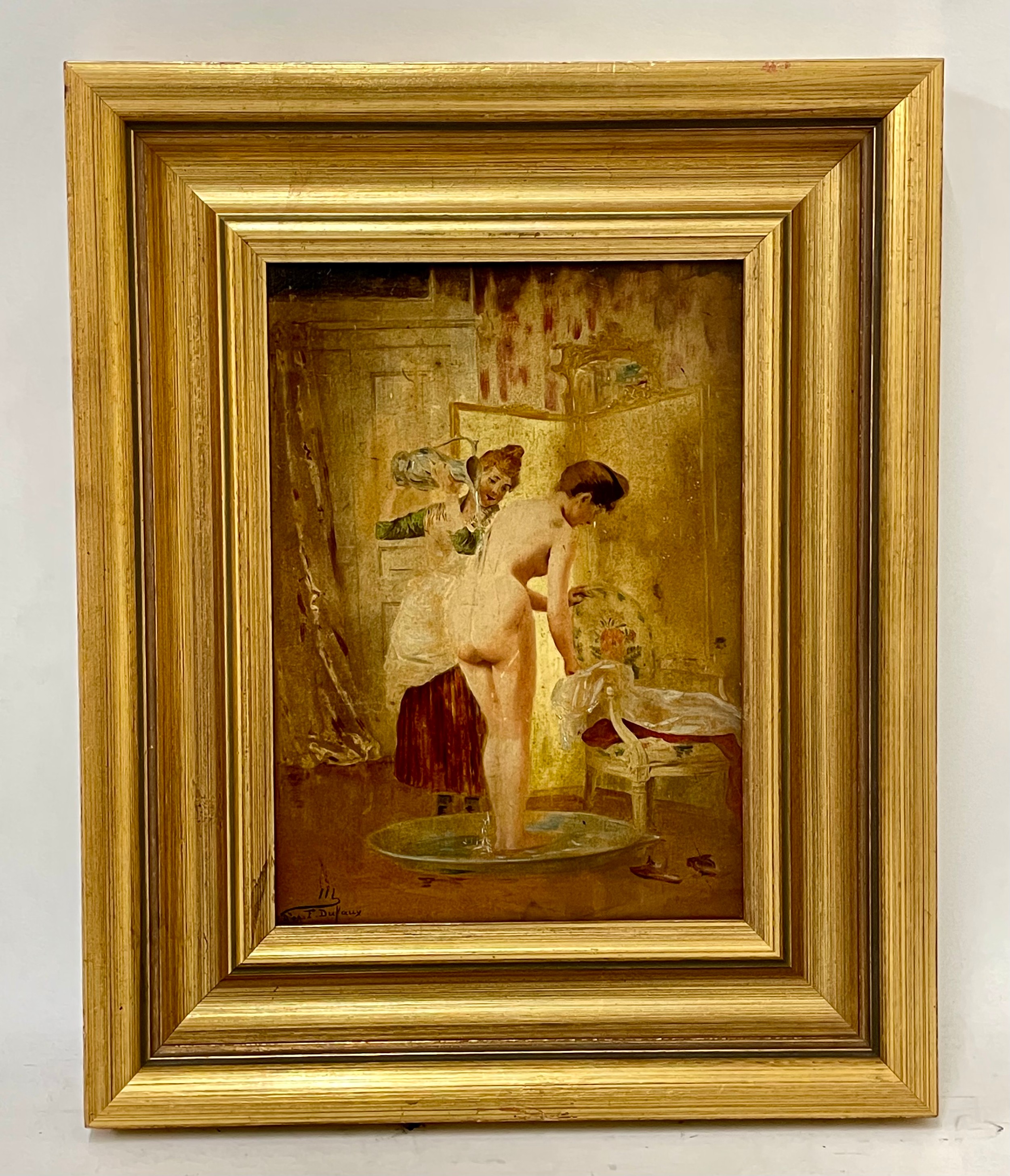 An early 20th century oil on board, depicting a bathing lady, signed lower left, gilt framed, - Image 2 of 3