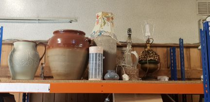 A group of ceramics to include a Barnstaple pottery squat vase, a Wattisfield ware stripped vase and