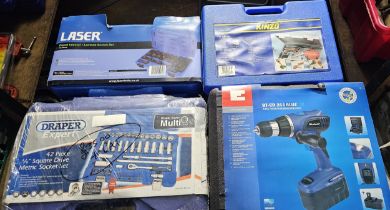 Draper expert 42 piece socket set, Einhell BTCD 24i cordless drill, Kinzo solder set, Laser diesel