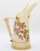 A Royal Worcester pitcher ewer vase, floral decoration with gold accents against an ivory ground,