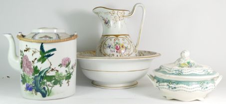 An Edwardian water jug & bowl, together with a Ridgeways lidded tureen and a Tangpin teapot, 23cm