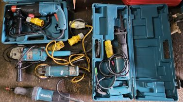 Makita 10v impact drill, reciprocating saw, two angle grinders, and a GD0600, untested