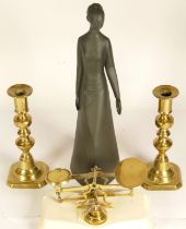 A set of 20th century porcelain and brass postal scales, together with a Royal Doulton porcelain