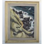 20th century British school, birds flying over the cliffs, oil on canvas mounted on board,