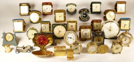 Two boxes of mid 20th century and later mantel clocks, miniature novelty clocks and traveling