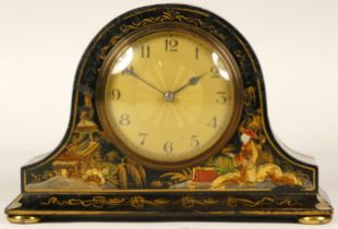 An Edwardian black lacquer chinoiserie mantel clock, painted with figures in landscapes, housing