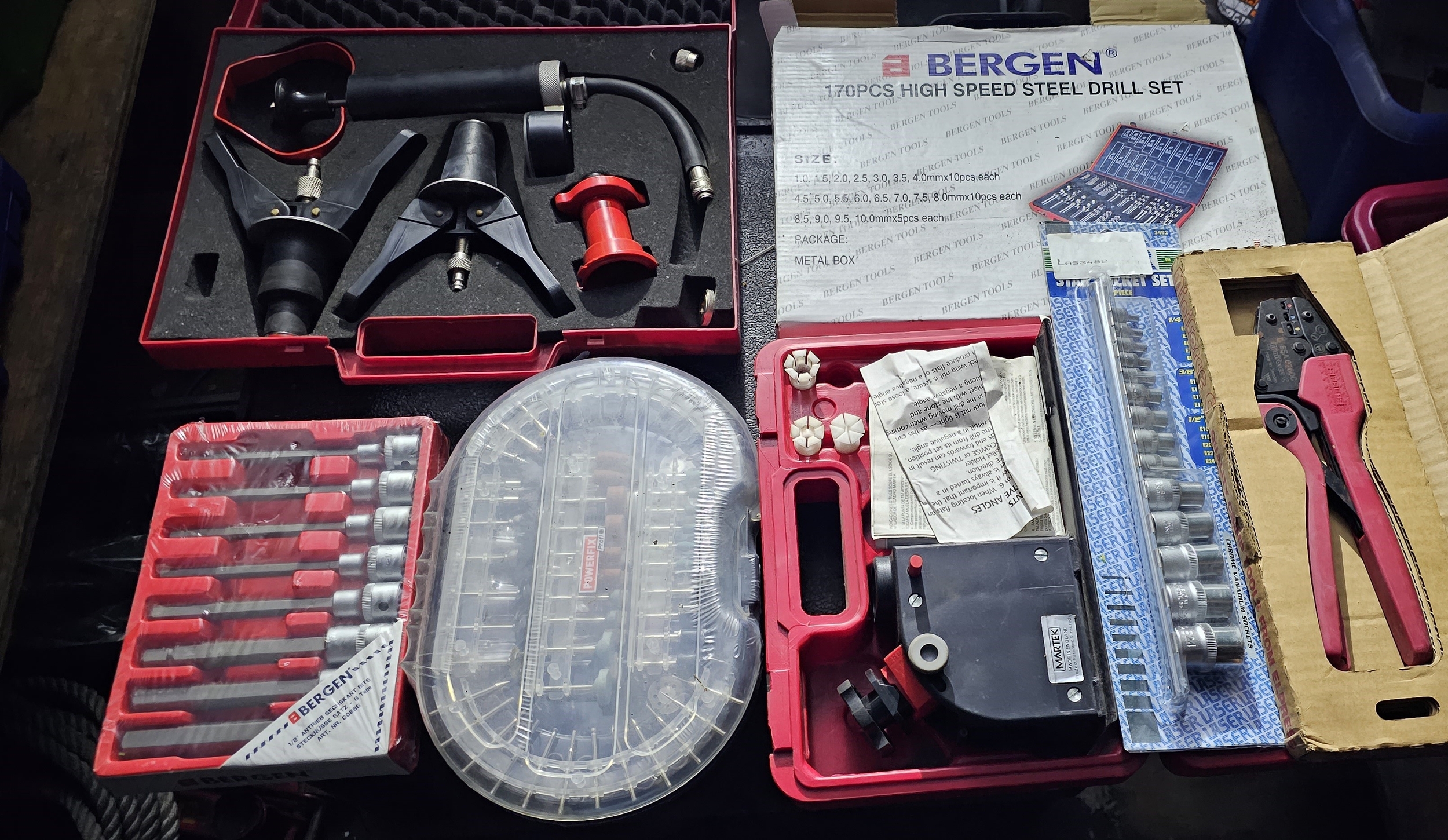 Blue Point SED 807, Bergen drill set, Bergen sockets, Powerfix Dremmel bits, Martek drill sharpener,