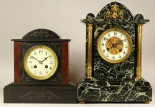 A Victorian green veined marble mantel clock, the eight day movement striking on gong, H34cm,