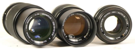 Three Olympus camera lens comprising of E.Zuiko Auto-T 1:35, Om-System S Zuiko 1:5 and Om-System