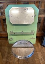 A 1950s bathroom wall tidy unit, incorporating a swivel mirror, a galleried glass shelf, cup