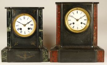 Two Edwardian slate mantel clocks, having eight day movements striking on a bell.(2)