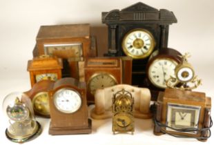 Two boxes of mid 20th century and later mantel clocks, desk clocks and carriage clocks, having