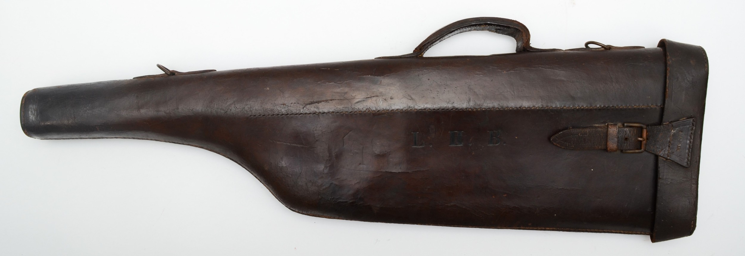 A vintage 'Mutton Chop' leather gun case, initialed L.H.B. and stamped G. Jordan, 77cm - Image 2 of 6