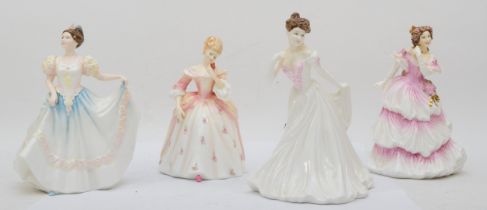 Four Royal Doulton porcelain figures; Christine HN3905, Joy HN4053, Lindsay HN3645 and Bride