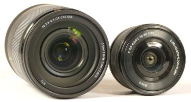 Two Sony camera lens comprising Sony E PZ 16-50mm F3.5/5.6 OSS digital lens and a Sony Alpha FE24-