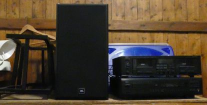 A Yamaha CD player CDX-930, with a Yamaha cassette deck KX-W60z. A pair of JBL speakers and stands.
