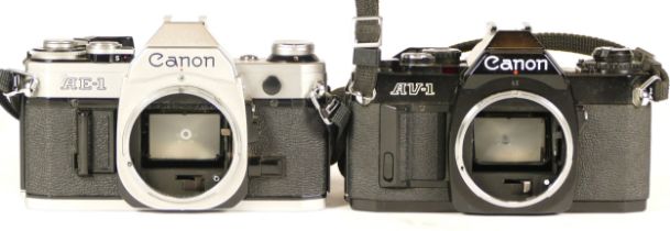 Two Canon cameras comprising of Canon All Black AV-1 (working) camera and a Canon AE-1 camera (