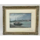 A framed pastel on paper of a harbor at low tide with two sail boats, 48 x 33cm, unsigned.