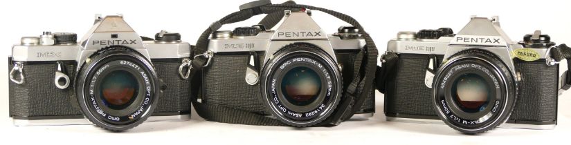 Three assorted cameras comprising of two Pentax ME Super with lens (each working, haze in the lens),