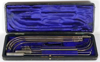 A 20th century cased silver plated catheter set, in black leather and lined fitted box, 33cm long