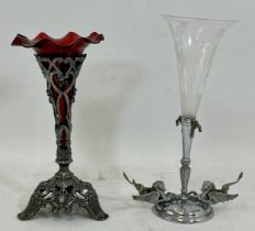 An Art Nouveau style white metal mounted single glass trumpet vase, 33cm high, together with a Art