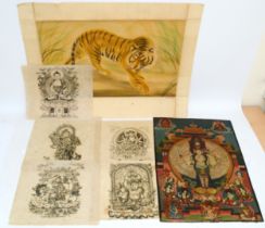 20th century Indian school, various unframed black lined woodblock prints, together with a 20th