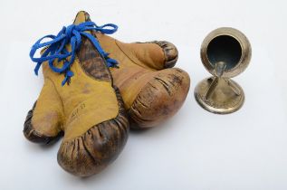 A vintage pair of 6oz boxing gloves, together with an Edwardian electroplated cricket bat figural