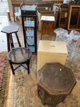 Two Arts & Crafts style oak jardiniere stands, with a bamboo wotnot, wine racks and two occasional