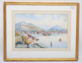 Bergen; watercolour Norwegian harbour scene, signed and dated lower left - 1883. 51x40cm.