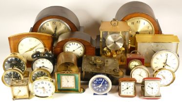 A collection of mid 20th century and later mantel clocks, miniature novelty clocks, traveling/