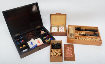 A cased Staunton boxwood chess set (all pieces unmarked) together with an Edwardian inlaid gaming