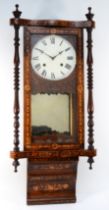 A late 19th century parquetry inlaid walnut wall hanging clock, with serpentine front and turned