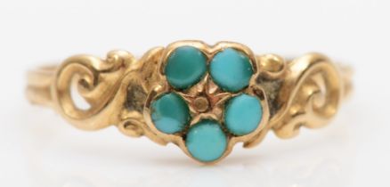A Victorian unmarked gold turquoise floral dress ring, J, 0.9gm.