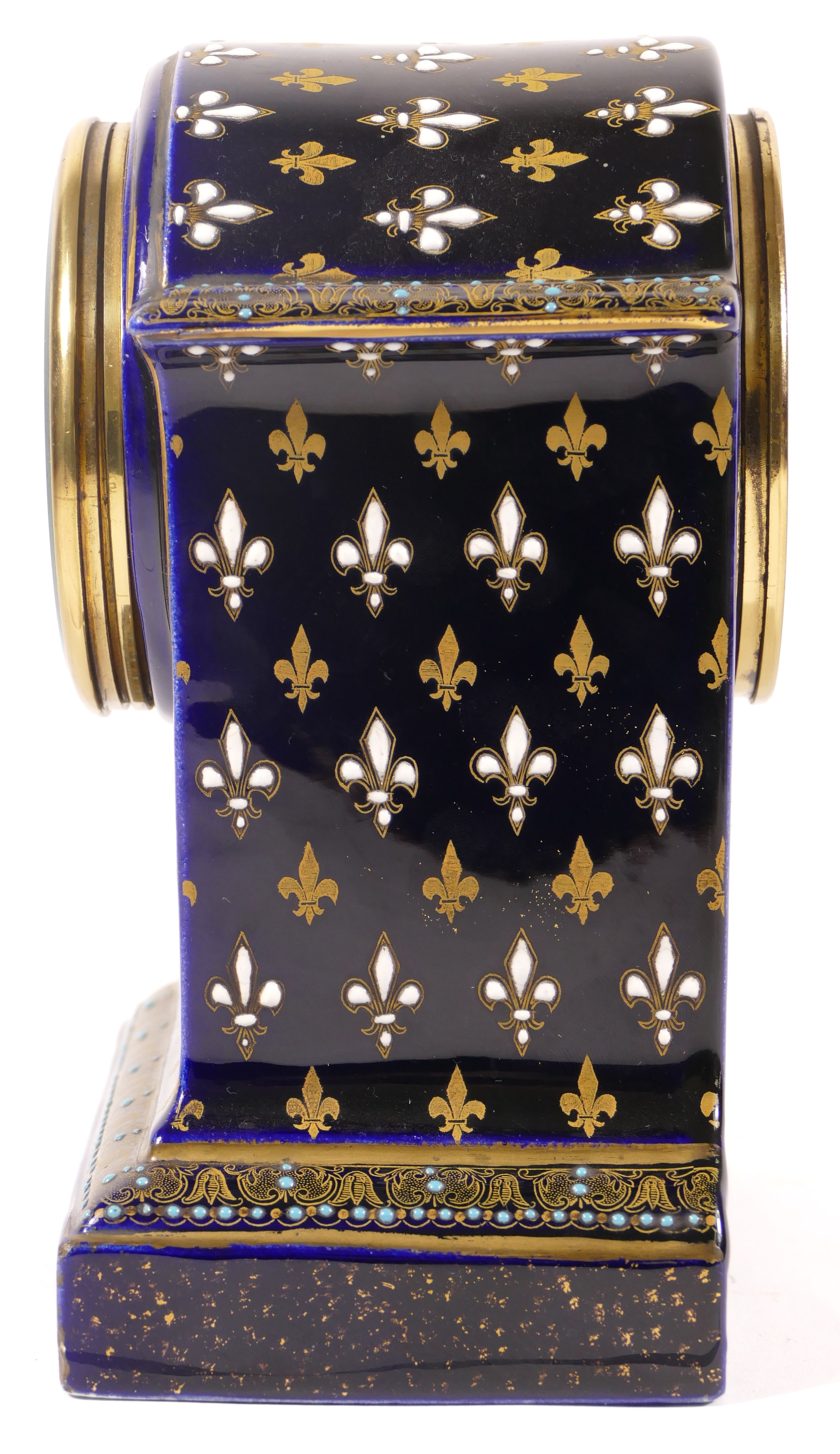 An early 20th century cobalt blue cased dome topped porcelain cased mantle clock, decorated with - Image 2 of 6