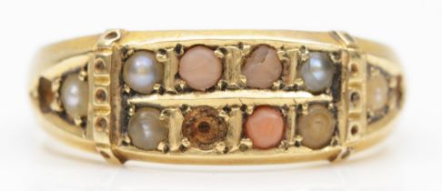 A Victorian 15ct gold seed pearl and coral dress ring, Birmingham 1892, O, 3gm.