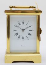 Worcester, a contemporary heavy brass and four glass corniche cased carriage clock, with swing