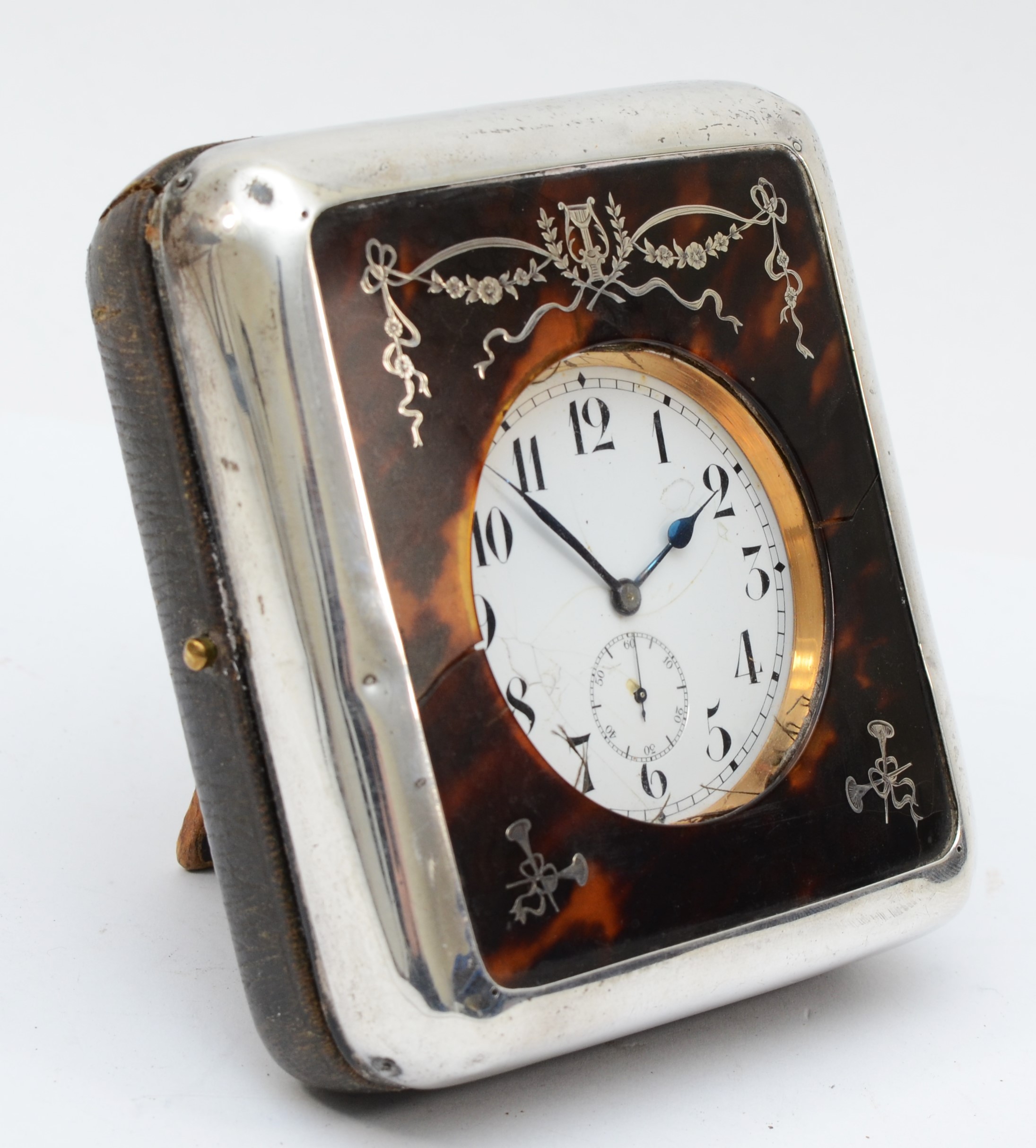 A silver and tortoiseshell boudoir easel clock, London 1918, opening to reveal a nickel plated - Image 2 of 4