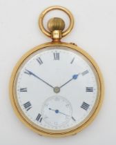 Wright and Craighead, London, an 18ct gold open face keyless wind pocket watch, white enamel dial