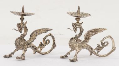 An Elizabeth II pair of silver dragon candle sticks, London 1964, 9 x 10cm, 8.3oz.